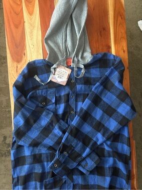 Blue & Black Plaid Hooded Flannel Shirt - Brand: